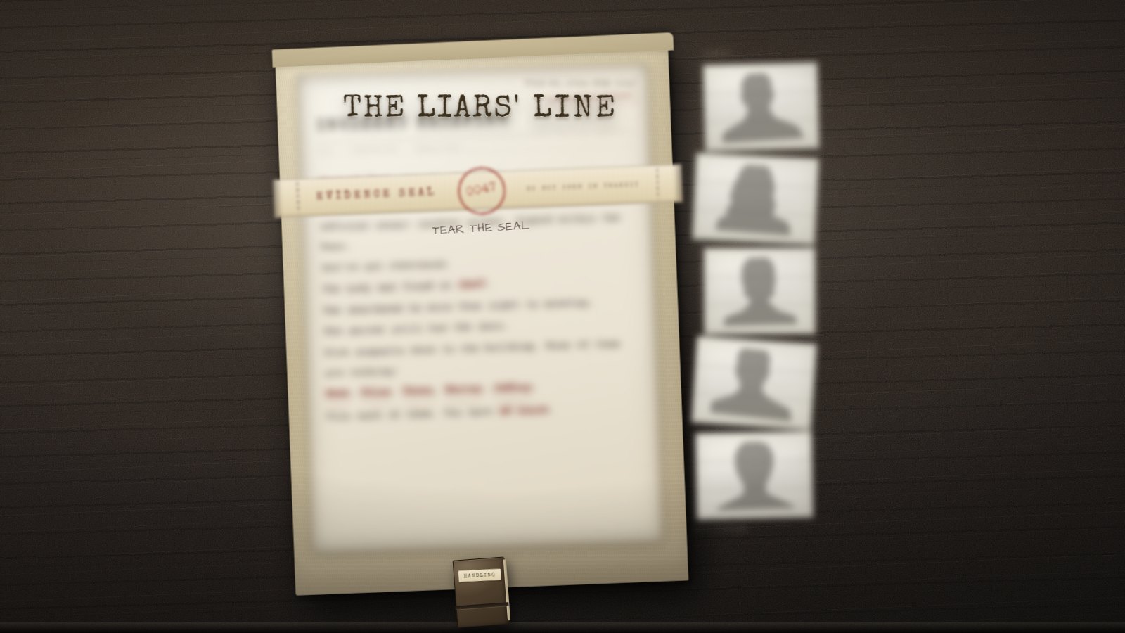 The game's cover: a sealed evidence folder titled THE LIARS' LINE, file no. 2024-NYM-0047, with five empty lineup slots beside it